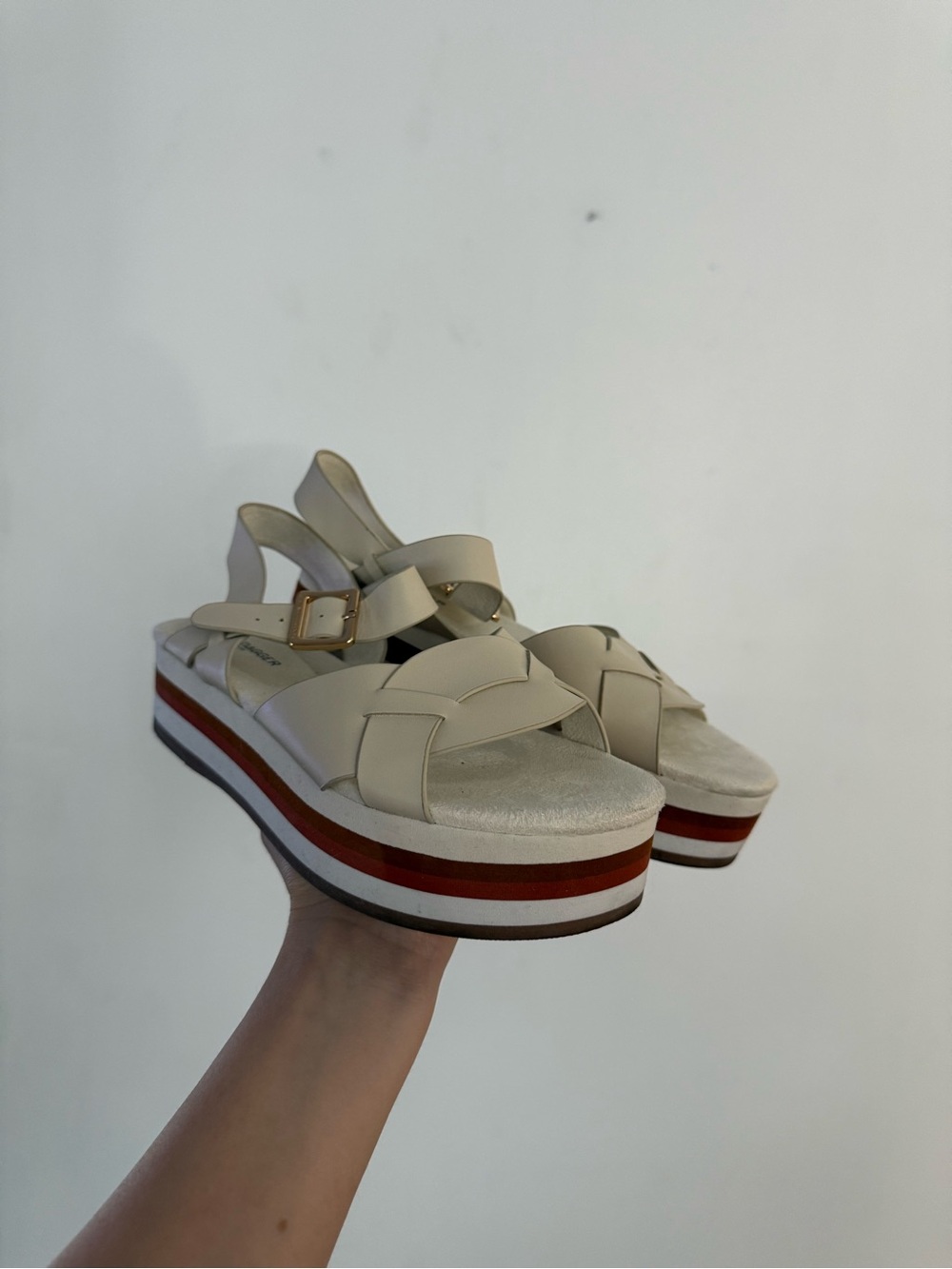 Kelsi Dagger Cream Platform Strappy Sandals with Red Stripe